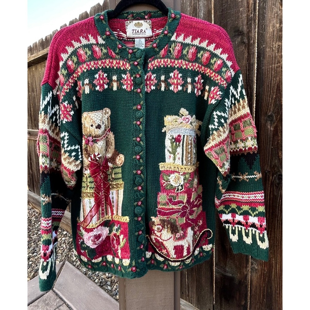 Vintage Y2K Tiara International Christmas Cardigan L 3D Teddy Bear Gifts Holiday